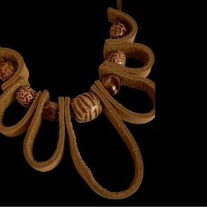 Handcrafted Brown Leather Loop Necklace with Patterned Beads